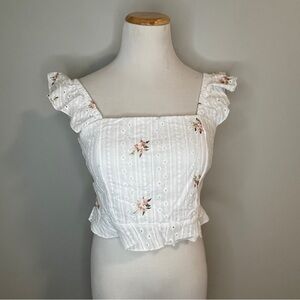 KIRIOUS White Floral Ruffle Tie back Crop Top